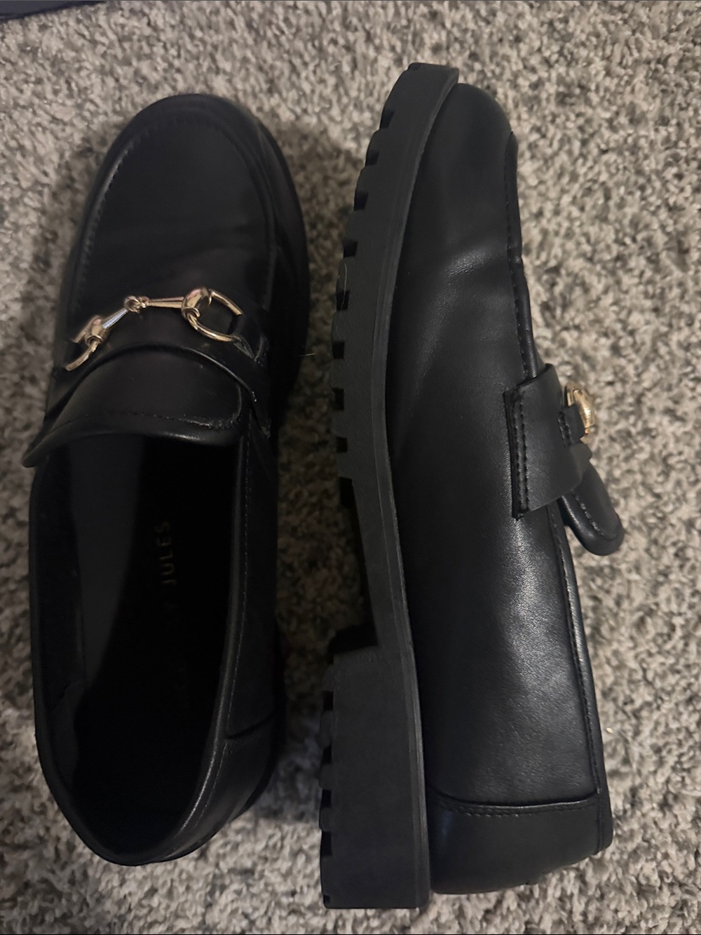 Sincerely Jules Black Leather Loafers with Gold Bit Accent